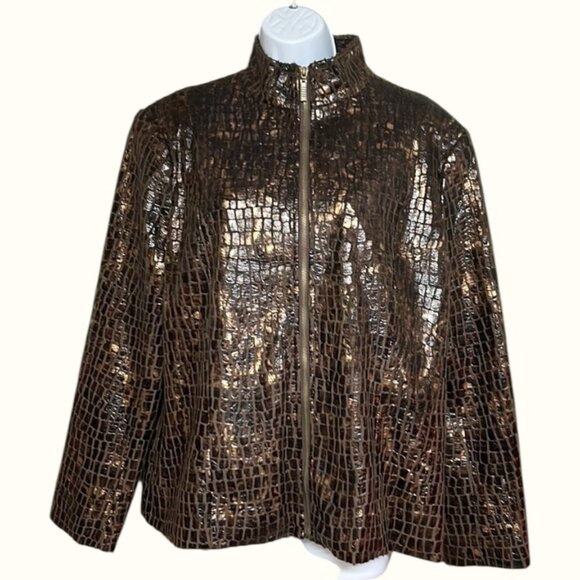 Classic Shiny Brown Faux Alligator Zip Front Jacket  Old Money Vibe NWT - Picture 1 of 7